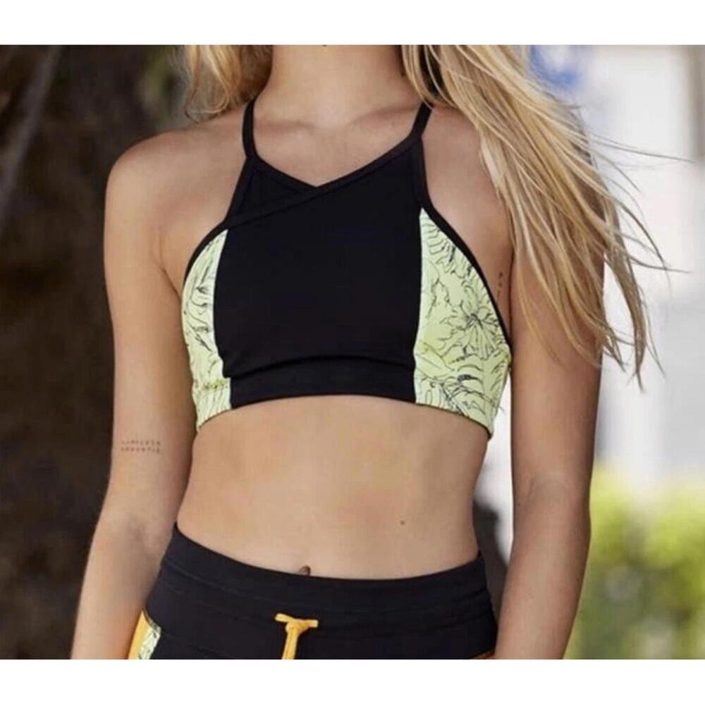 FREE PEOPLE Movement Fired Up Sports Bra High Neck Black/Neon Green Medium